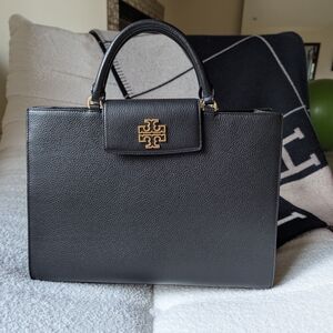 Tory Burch Black Leather Tote with Gold Accent